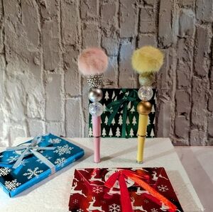 2 Luxury Beaded Colorful Pom Pom Pens